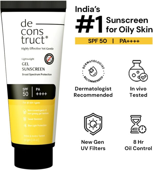 Deconstruct Sunscreen - SPF 50 PA++++ | Lightweight Gel Sunscreen |In-Vivo Tested | Non Greasy | For Men & Women | (50 g)